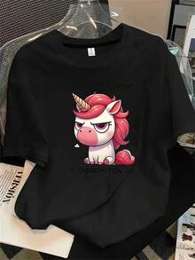 Camiseta de manga corta con cuello redondo para mujer, con estampado de unicornio que incluye un dedo meñique y las palabras "I n ' n", apta para todas las estaciones. - Negro - View 1