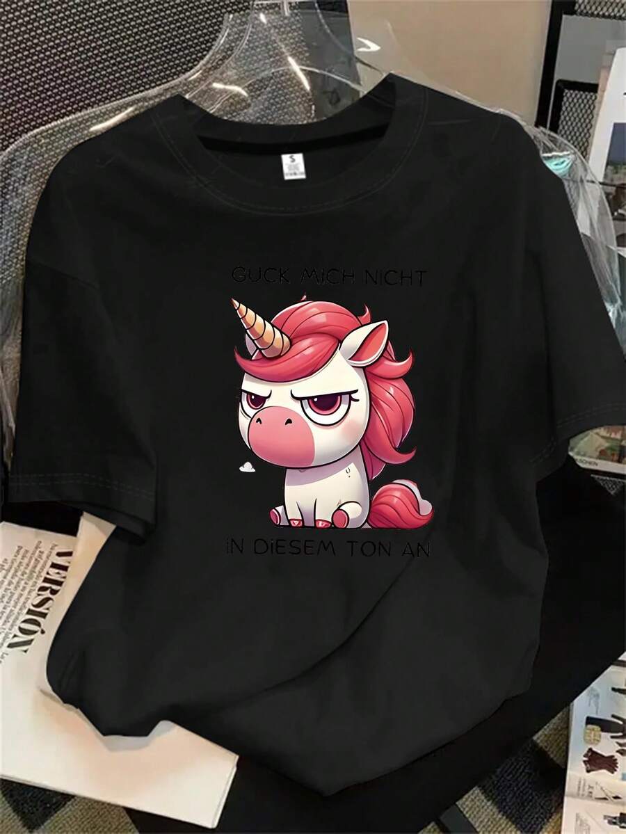 Camiseta de manga corta con cuello redondo para mujer, con estampado de unicornio que incluye un dedo meñique y las palabras "I n ' n", apta para todas las estaciones. - Negro - View 1
