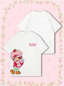 女款夏季 T-shirt，可愛草莓女孩與貓咪印花寬鬆休閒 T-shirt，適合日常甜美女孩風，白色 - 白色 - 查看 7