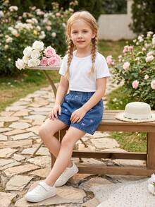 1pc Girls' Fashion Everyday Embroidered Pink Bow Denim Shorts - Medium Wash - View 7