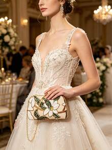 Vintage Champagne Sequin Floral Clutch Bag,Luxury Bag,Designer Inspired Handbag, For Wedding Party Bridesmaid Gift, Gold Clutch Purse,Vacation Purse - 金色 - 查看 6