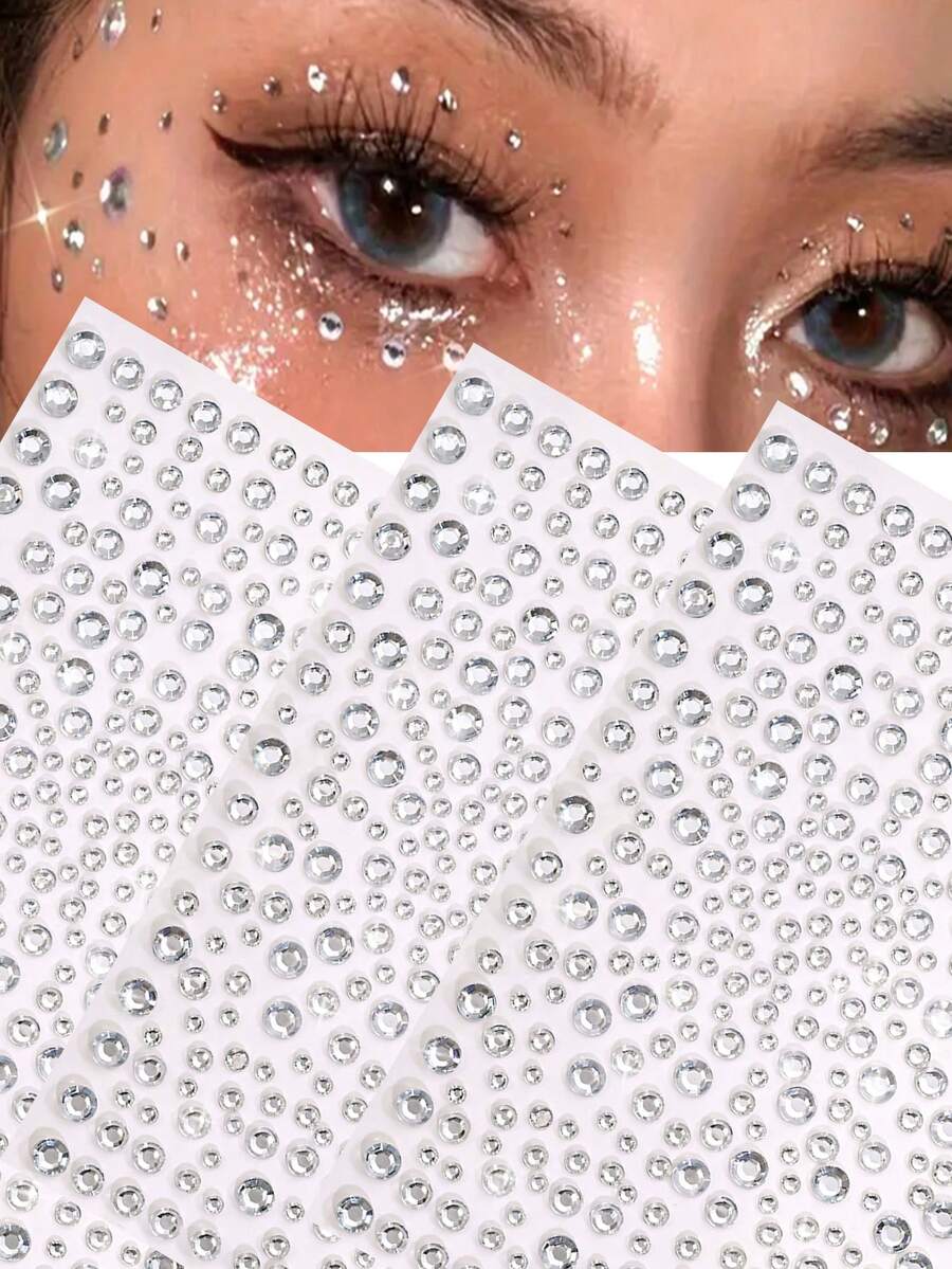 1/3pcs Self-Adhesive Rhinestone Stickers, Crystal White Glitter Gemstone For Face, Hair, Eyes, Body For Women & Girls, DIY Music Festival Makeup Decor Accessories,Concert Look