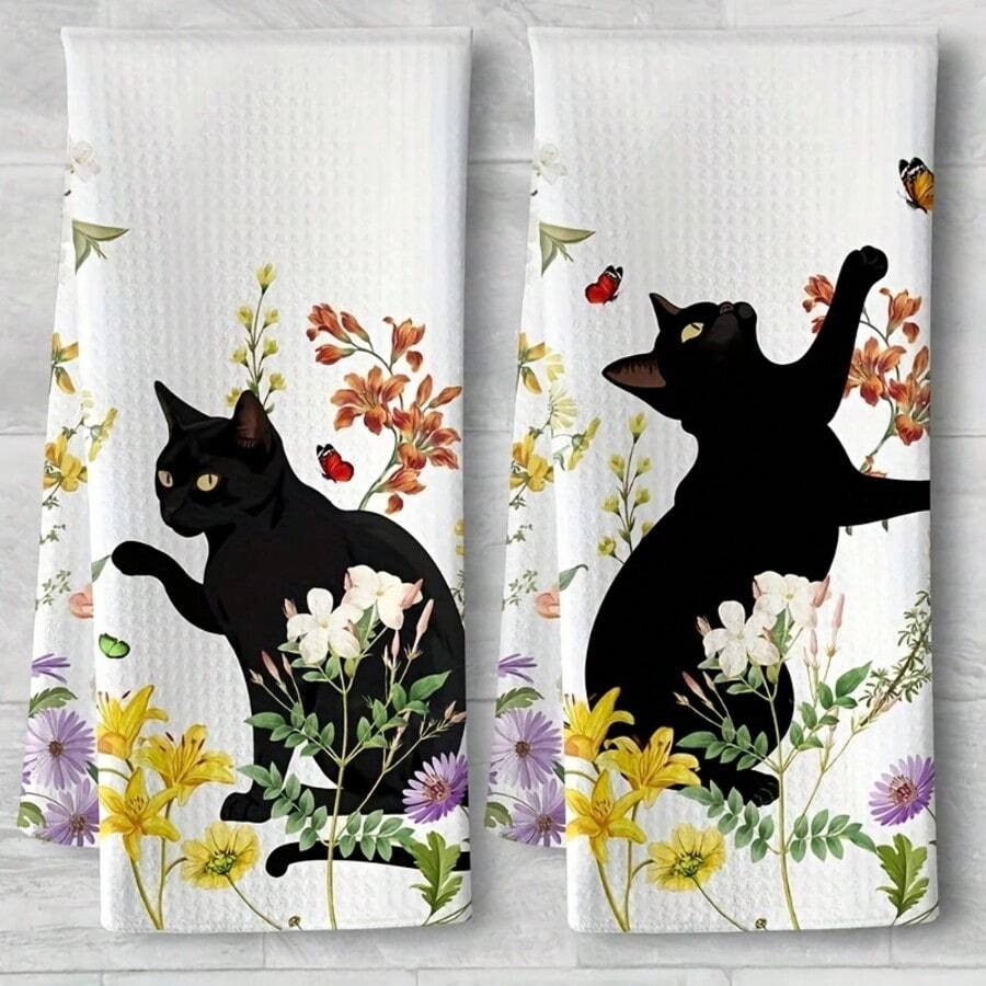 2pcs/Set, Floral Cat Pattern Kitchen Towels, Soft Absorbent Machine Washable, Suitable For Dining Table Decor, Kitchen, Dining Room And Living Room Decoration, Can Be Used As Daily Gift, Kitchen Decor, Kitchen Accessories