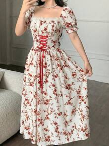 Elegant Long-Sleeved Dress With A Lace Collar And Fitted Hem, Featuring A Charming And Romantic Floral And Lace Design, Ideal For Holidays, Women's Dress - 磨砂黑 - 查看 8