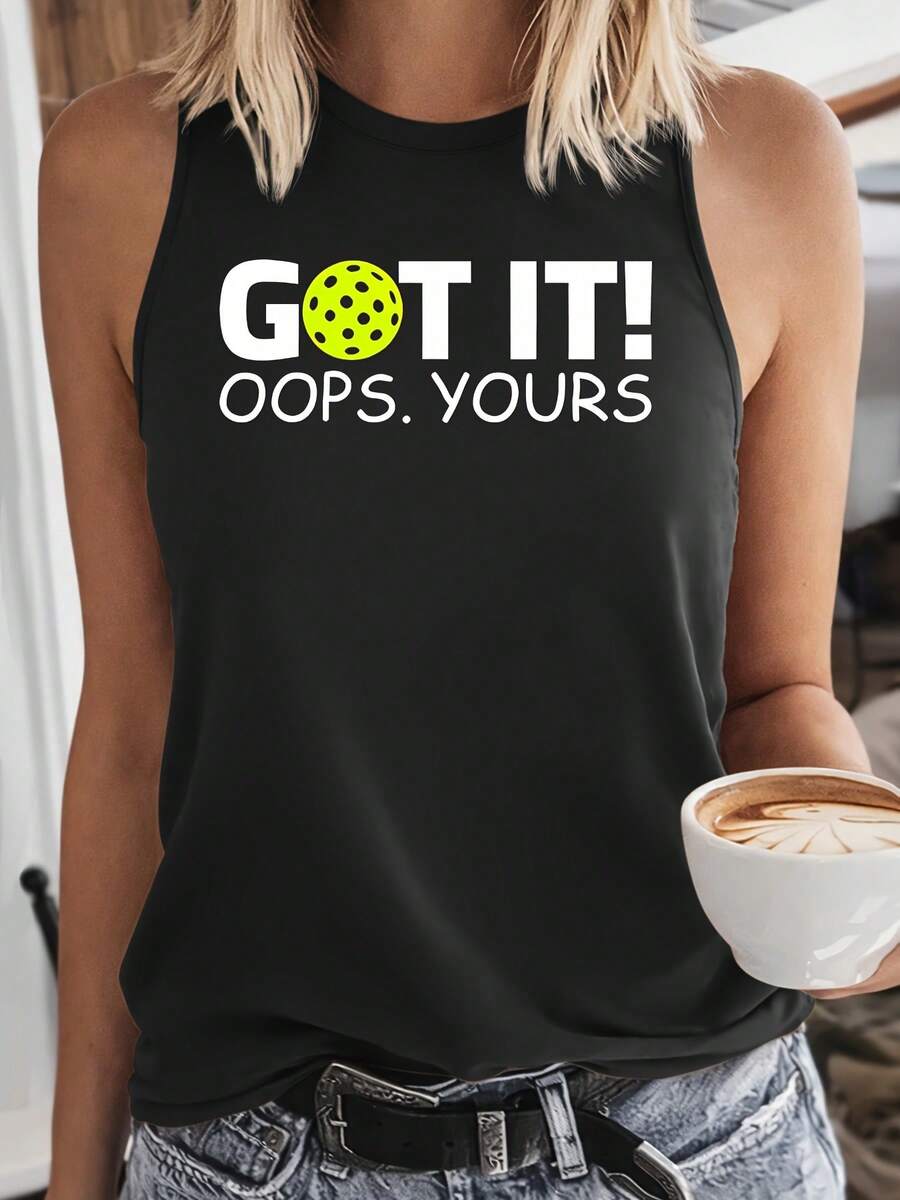 Pickleball Mishap Print Tank Top | Humorous Interactive Style Sleeveless Top | Sports Funny T-Shirt | 2026 Summer New Casual Vacation Style Clot - 黑色 - 查看 1