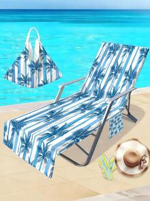 1 pièce Housse de chaise de plage en microfibre super douce à rayures bleues & blanches avec motif palmier, serviette légère absorbante à séchage rapide avec poche, serviette de voyage, de piscine, sac de plage, convient pour la piscine, la plage, le camping et le pique-nique, couverture de plage - Multicolore - Voir 3