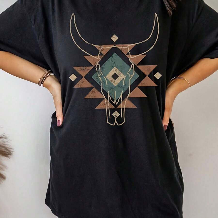 Cow Skull Shirt South Western Graphic Tee Vintage Print hirountry Music Cowgirl Shirt Longhorn Skull Shirt Desert Shirt - Negro - Ver 1