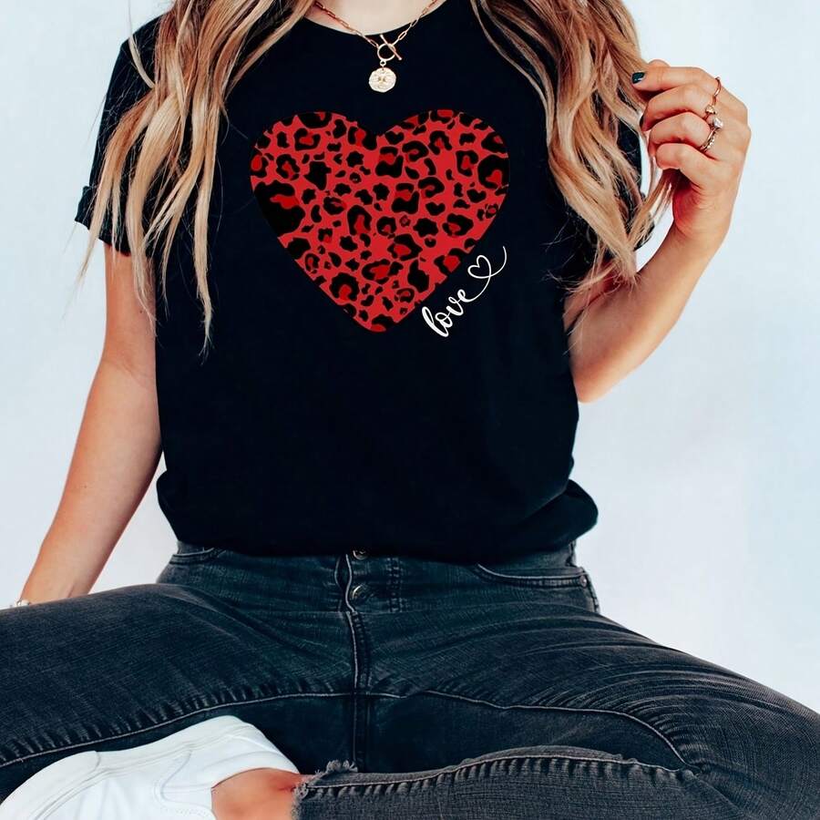 Leopard Print Heart Shirt Wo's Vaines Day Tee - Negro - Ver 1