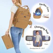 Mochila para pañales con cambiador portátil estuche para chupete y correas para cochecito - Canela - Ver 3