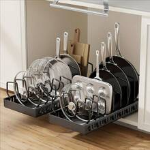2pcs/1pc Pull-Out Kitchen Storage Rack, Flat Bottom Pan Storage Rack, Under Cabinet Cookware Storage Rack, With 8 Adjustable Compartments And Pull-Out Rails Pot Lid Rack, Kitchen Sliding Pot Lid Panel Rack And Flat Bottom Pan Organizer Rack/Cabinet Sliding Storage Rack, For Storing Cookware, Pot Lids, Bowls, Plates, Baking Tools In Kitchen Storage Rack, Suitable For Back To School Season - Multicolor - View 5