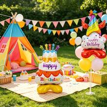 3pcs Colorful Cake Shaped Balloons - With Happy Birthday Text & Floral Pattern, Mixed Color Design Suitable For Indoor/Outdoor Birthday Holiday Gift Props - Birthday Balloons - Fun Design Decoration Party Balloons - View 6