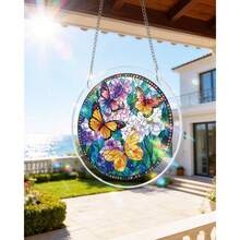 Acrylic Puzzles Suncatcher Window Hanging, 83 Pieces 7.4 Inch Sun Catcher Acrylic Puzzles Garden Decoration For Women Men Mom Birthday Gift Home Decor (Dawn Flower) - 蝴蝶盛開 - 查看 2