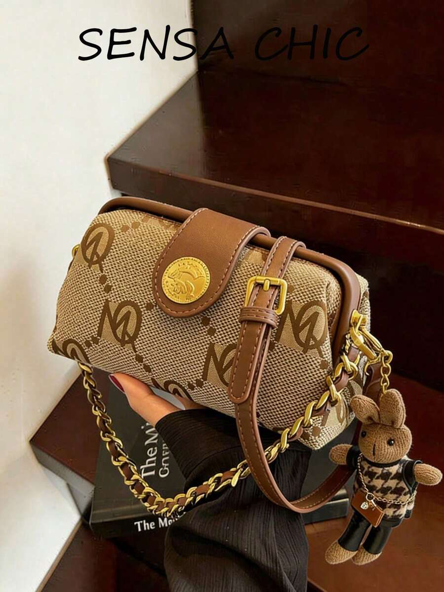 Women's Square Handbag Features A Printed Pattern Design, With A Unique Strap And Pendant Decoration - Khaki - View 1