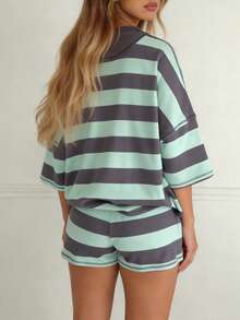 Womens Summer 2pcs Set Stripe Seam Detail Half Zip Oversize Tee Shorts Sweatsuits Casual Lounge Outfits With Pockets - 藍色 - 查看 4