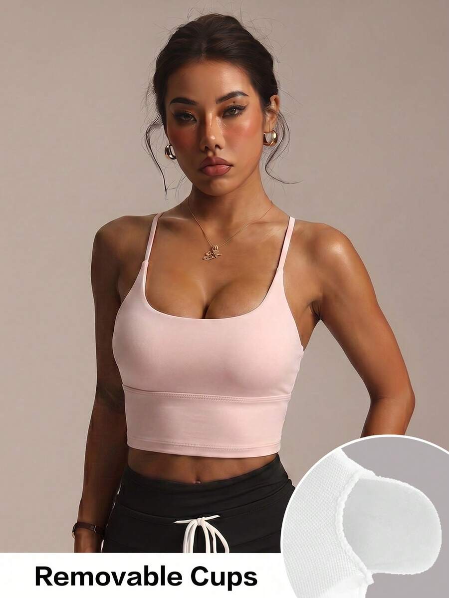 Women's Solid Color Wireless Criss-Cross Knit Sports Bra - Pink - View 1
