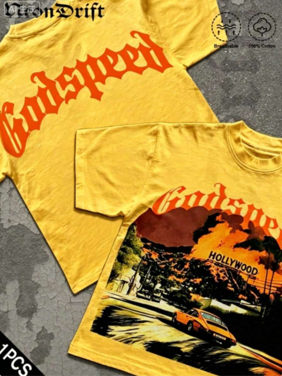 Break The SystemMen's Washed Vintage Crewneck T-Shirt, 100% Cotton 180GSM, Godspeed Highway Car Print, Retro Faded Style, American Streetwear, - 黃色 - 查看 1