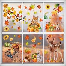 9Pcs Large Autumn Window Clings With Pumpkin, Maple Leaf, Hedgehog And Deer Patterns, For Home, Party And Shop Window Decoration. - Multicolor - View 3