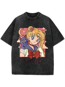 Anime Retro Washed T-ShirtEveryday Outfits ,Wear Unisex T-Shirt Gift For Anime Fans Simple Doodle Washed Pure Cotton T Shirt. - Black - View 1