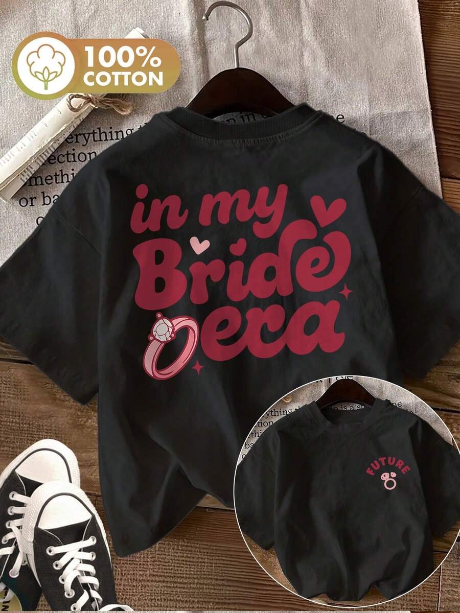 Minimalist, 100% Cotton, 1-Piece. Short-Sleeved T-Shirt With Double-Sided Cartoon Print And "In My Bride Era" Slogan, Women's Casual Top For Spring And Summer. - 黑色 - 查看 1