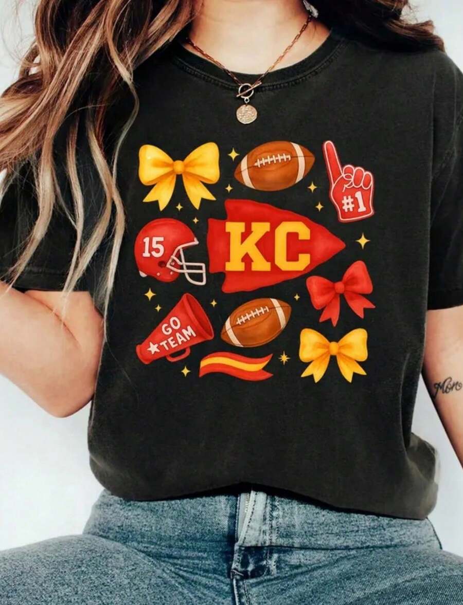 KC T-Shirt, Comfortable KC Football Shirt With Distressed Print, Kansas City Retro T-Shirt, Loose Fit Retro T-Shirt - Back 8 - View 1