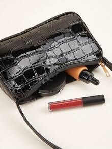 Bolso de hombro minimalista con relieve de cocodrilo brillante - Negro - Ver 6