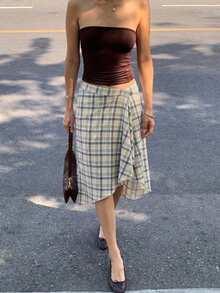 Elegant Plaid Midi A-Line Skirt With Asymmetrical Hem, Women's Casual Outing Wear - Mint Green - View 2