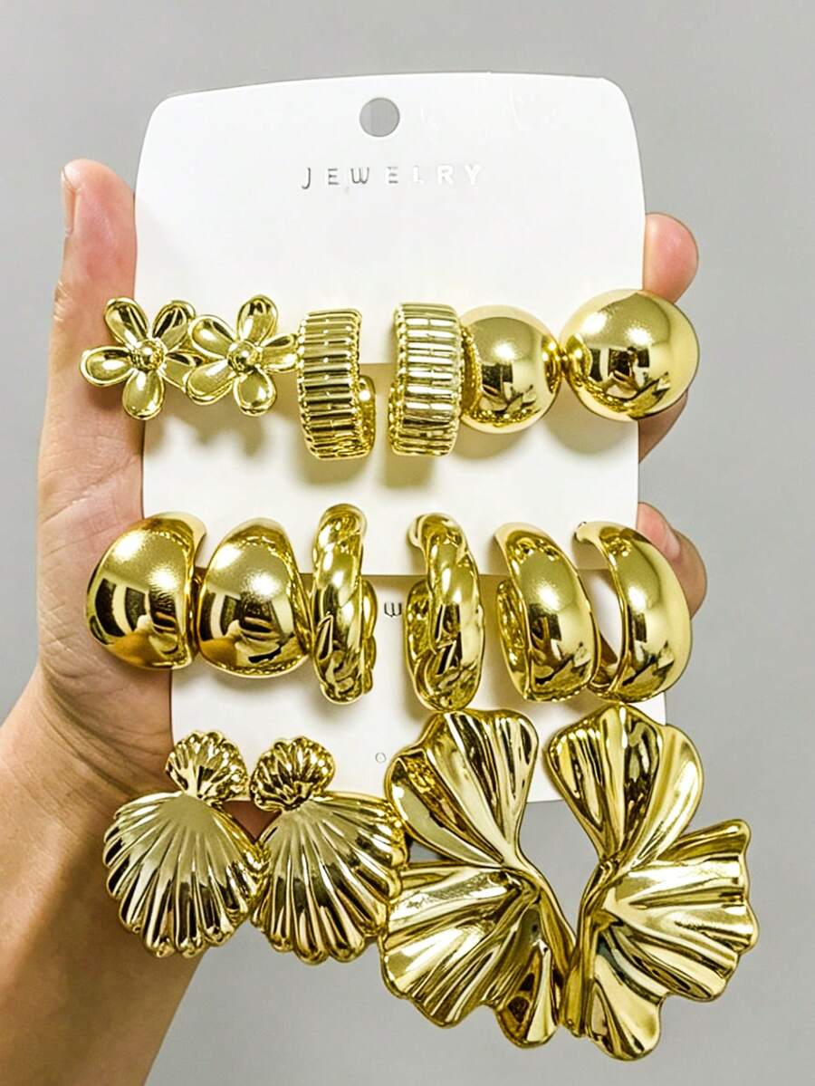 6pcs/18pcs Conjunto de Brincos Femininos da Moda Floral & Geométrico Multicor Dourado, Material CCB Leve, Adequado para Uso Diário e Feriados - Multicolorido - Visão 1