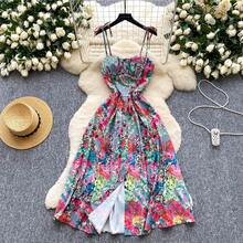 2026vestido Midi de playa con estampado de limón, vestido veraniego con tirantes finos para mujer, vestido veraniego Floral bohemio coreano con abertura y espalda descubierta - Blanco - Ver 2