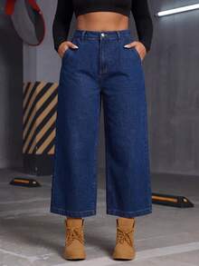 Women's Plus Size High Waist Wide Leg Dark Wash Casual Denim Cropped Jeans - Blue - View 2