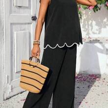WNSS  Conjunto de 2 piezas de top de tirantes con ribete de concha y pantalones casuales de maternidad para vacaciones - Negro01 - Ver 6