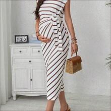 WNST
  Vestido casual de maternidad de cuello redondo, manga corta y con lazo lateral, a rayas, para verano - Blanco y Negr01 - Ver 4