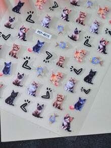 1pc Soft Cute Cat & Fish Nail Stickers, Black Hollow Heart Nail Slides, Self-Adhesive Disposable Embossed Nail Art Decor, Cute Style, Suitable For Daily Commute, Lively Pattern, Easy To Apply And Firm - Multicolor - View 4