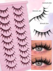 10 Pairs Pointed Tail Cartoon Eye Fluffy Curly Black Stem Natural Curly Thick Long Soft Non-Irritating Cartoon Style Full Strip False Eyelashes Realistic Daily Eyelashes Portable Upper Lash Reusable - View 4