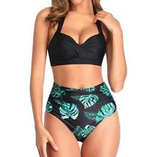 Bikini de cintura alta con estampado, tirantes al cuello y lazos, para mujer; bañador de dos piezas que estiliza la figura - pantalones negros y verdes - Ver 1