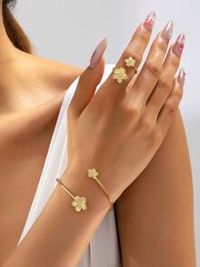 1 Set Damen Armband Set mit offenen Blütenblättern - Goldgelb - Übersicht 2