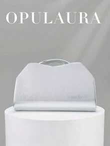 OpulAura 1件裝 女款優雅銀色皮革手提包，奢華天鵝絨晚宴包，適合正式禮服、婚禮、生日派對及畢業舞會 - 銀色 - 查看 8