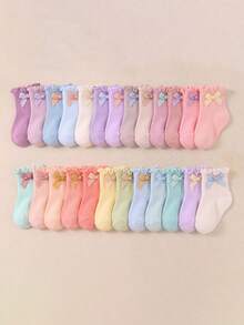10 paia di calzini alla caviglia con volant colorati casuali per bambini, decorati con fiocco bianco, calzini comodi, traspiranti e morbidi, adatti per neonati e bambini piccoli - Multicolore - Visualizzare 4