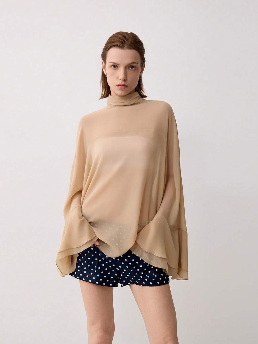 Women's Solid Color Stand Collar Casual Versatile Daily Wear Top - Apricot - View 1