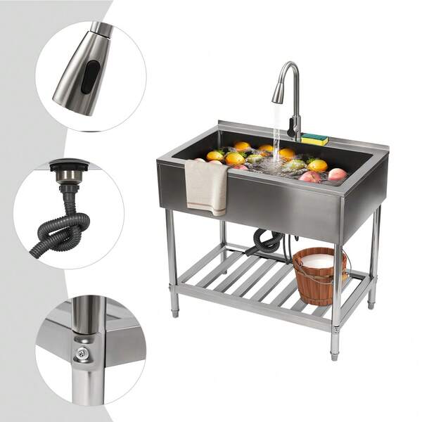 Premium Large Single Bowl Stainless Steel Sink With Faucet, Spacious Commercial & Laundry Basin, Rust Resistant, Sturdy Durable & Easy To Clean, Ideal For Restaurant, Commercial Kitchen, Laundry Room And Household Use