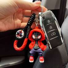 Miniso 迪士尼漫威蜘蛛人 Miles Morales 鑰匙圈，可愛連帽超級英雄娃娃鑰匙環組，開學季可愛風背包錢包吊飾，酷炫包包掛件收藏玩具禮物，適合送給朋友、車鑰匙裝飾 - 樣式 2 - 查看 2