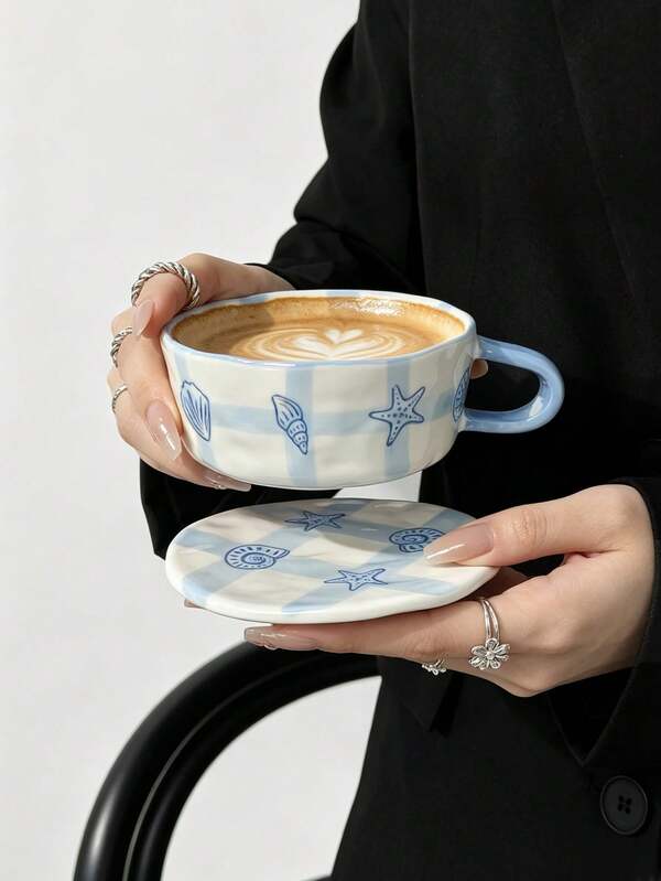 1 Set Cup + Saucer Creative Design INS Style Blue Plaid Shell & Starfish Coffee Cup And Saucer, Cute Exquisite Mug Water Cup, Birthday Gift For Girls, Afternoon Tea Coffee Latte Art Cup And Saucer, Home Breakfast Milk Cup, Cappuccino Coffee Latte Art Cup And Saucer, Exquisite Espresso Cup And Saucer Set, Niche Cute Dessert Plate Fruit Plate, Suitable For Restaurant, Living Room, Cafe, Gift