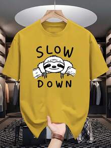 T-shirt à manches courtes d'été pour hommes SLOW avec imprimé logo - Blanc, décontracté, col ras du cou respirant, design de marque SLOW pour un port décontracté, plage & bureau - Top polyvalent printemps/été (Lavage à la main/Nettoyage chimique) - Noir - Voir 8