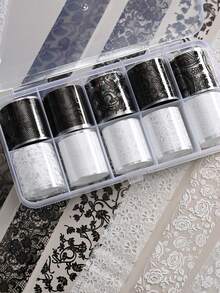 10 Rolls 2.5*50cm Black & White Lace Flower Nail Art Transfer Foils Stickers, Elegant Sexy Floral Nail Art Transfer Foil Starry Sky Decals For DIY Manicure, Nail Supplies, Nail Decoration - Multicolor - View 3