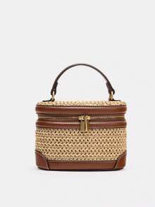 Simple And High-End Retro Spliced Straw Woven Box Bag, Multi Back Method Fashionable And Practical Texture Personalized Shoulder Handbag, Detachable Shoulder Strap Design, Suitable For Beach Vacation And Daily Travel - Brown - View 2