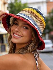 1pc Rainbow Braided Colorful Vibrant Summer Bucket Hat, Windproof, UV Protection, 3D Design, Foldable, Fashionable Versatile, Elegant, Soft Comfortable, Breathable, Multi-Functional, Face-Shaping, Suitable For Beach, Outdoor, Travel, Hiking, Cycling, Dating And More Occasions, Holidays, Festivals - Multicolor - View 2