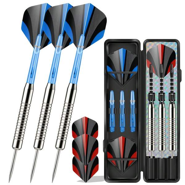 HUANQU Professional Steel Tip Dart Set, 2 Styles Available (Silver 21g/Black 24g) 3 Steel Darts With 3 Extra Flights And 3 Shafts, Portable Hard Case, Non-Slip Barrel, Suitable For Home Entertainment And Competitive Games