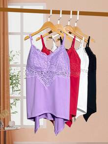 4pcs Solid Color V-Neck Lace Patchwork Semi-Sheer Comfortable Sexy Built-In Padded Adjustable Strap Plus Size Women's Camisole Tank Top - Multicolor - View 4
