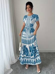 Vestido de Moda Oriental con Estampado Floral y Cinturón Ajustable para Mujer, Escote Redondo - amarillo ganso - Ver 6
