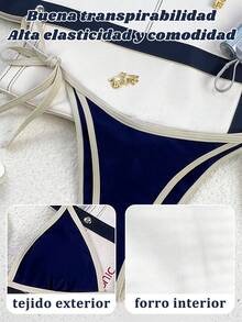 2 piezas traje de baño bikini para mujer, conjunto de bikini con tiras de espagueti, cuello halter, bloques de color azul y blanco,, conjunto moderno para playa, piscina y vacaciones de verano - Azul oscuro - Ver 3