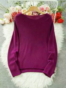Women's Soft Green Round Neck Sweater, Vintage Fresh, Casual For Spring, Lightweight Solid Color Polyester Ribbed Long Sleeve Sweater For Spring/Autumn - Red Plum - View 3